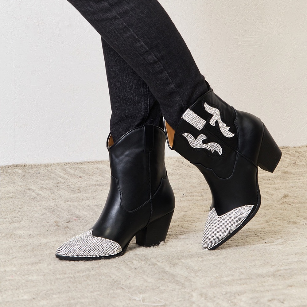 Black and Silver Western Ankle Boots East Lion Corp Rhinestone Pointed  Boots